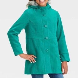 Cat & Jack Teal Green Girls Coat with Removable Faux Fur Hood Size XS